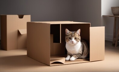  cat peeks into the cardboard carobka, a curious pet checks interesting places