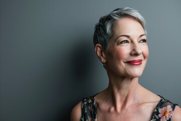 Portrait of a beautiful senior woman with grey hair and makeup.