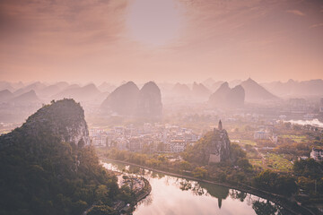 Aerial view of Lijiang River Scenic Area in Guilin, China. - obrazy, fototapety, plakaty