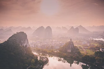 Papier peint photo autocollant rond Guilin Aerial view of Lijiang River Scenic Area in Guilin, China.