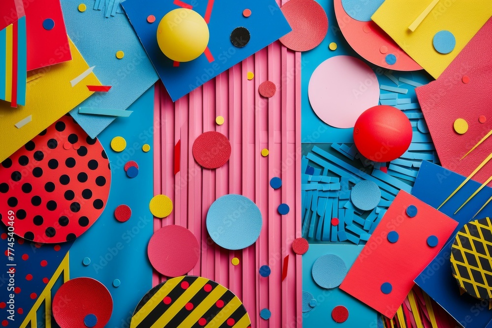 Poster the image is a colorful collage of various shapes and sizes, including circles