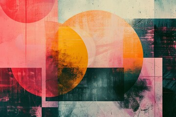 A colorful abstract painting with a yellow circle in the middle. Risograph effect, trendy riso style