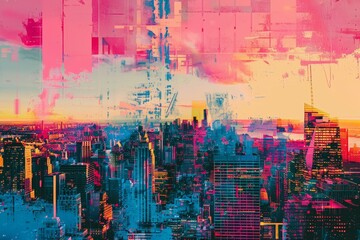 A cityscape with a pink and blue sky. Risograph effect, trendy riso style