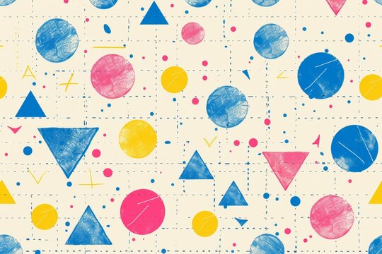 A colorful pattern of circles and triangles with a blue. Risograph effect, trendy riso style