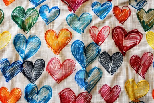 A colorful piece of fabric with many hearts drawn on it