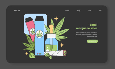 Cannabis products showcased. Vape pens, CBD oil bottle, fresh marijuana leaf, and rolled joint. Natural wellness and alternative therapy. Flat vector illustration - 774540682