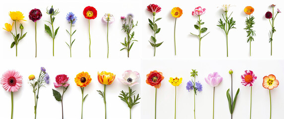 Flower Variety: Multiple Types of Flowers on Plain White Background