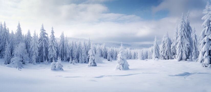 A serene winter scene of trees covered in snow in a dense forest under a clear blue sky with fluffy clouds