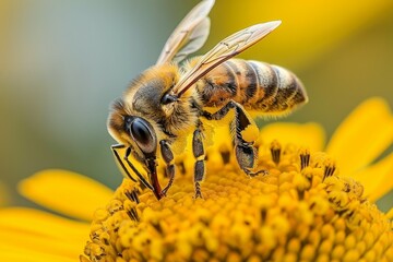 A bee is on a yellow flower - obrazy, fototapety, plakaty