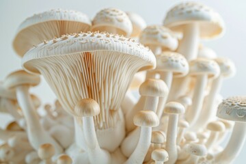 A bunch of white mushrooms are shown in a close up