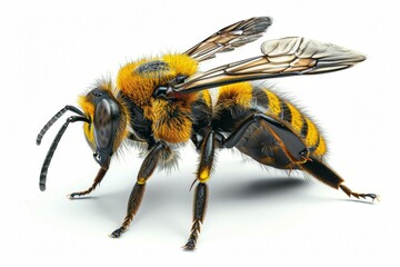 A yellow and black bee is standing on a white background - obrazy, fototapety, plakaty