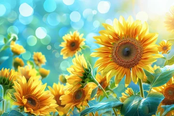 Foto op Plexiglas A field of yellow sunflowers with a blue sky in the background © top images