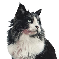Black and white cat with black collar against transparent backdrop