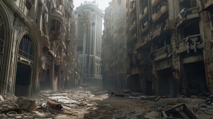 A deserted city its once bustling streets now empty and abandoned the buildings coated in a layer of dust and debris.