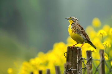 Beautiful yellow bird perched gracefully on a rustic wooden fence post in a vibrant field of yellow flowers and lush green foliage.