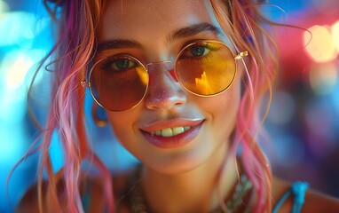 Fototapeta premium A beautiful smiling, happy playful woman with colorful hair and sunglasses, vibrant colors, colorful background, portrait photography