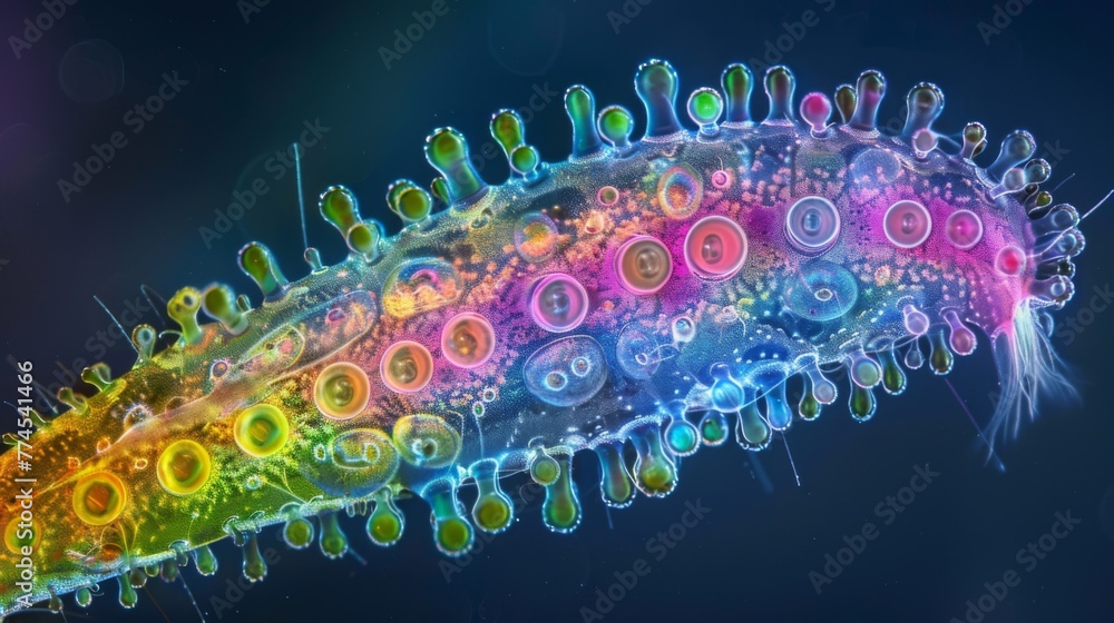 Poster a colorized image of a rotifers body displaying a rainbow of vibrant hues. these colors stem from th
