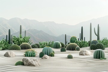 Surreal desert landscape with tall cacti and majestic mountains under a clear blue sky, ideal for innovative projects and creative designs