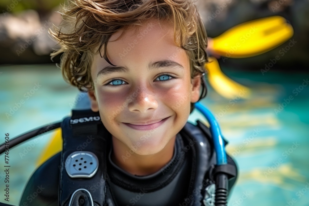 Poster child at diving lessons. background with selective focus and copy space