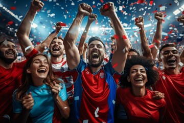 A group of people are celebrating with confetti and smiling. Football fan celebrates the victory of his favorite team - obrazy, fototapety, plakaty