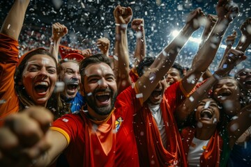 Group of people are celebrating with confetti and cheering. Football fans celebrate the victory of...