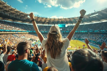 A woman is standing in a stadium with a crowd of people around her. Football fan at the football championship - obrazy, fototapety, plakaty