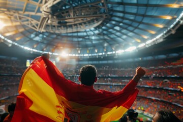 A man is holding a red and yellow flag in a stadium. Football fan at the football championship