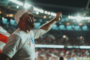 A man in a white shirt and hat is holding a flag and cheering. Football fan at the football...
