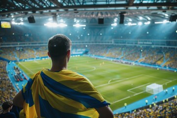 Man stands in a stadium with yellow and blue flag draped over his shoulders. Football fan at the...