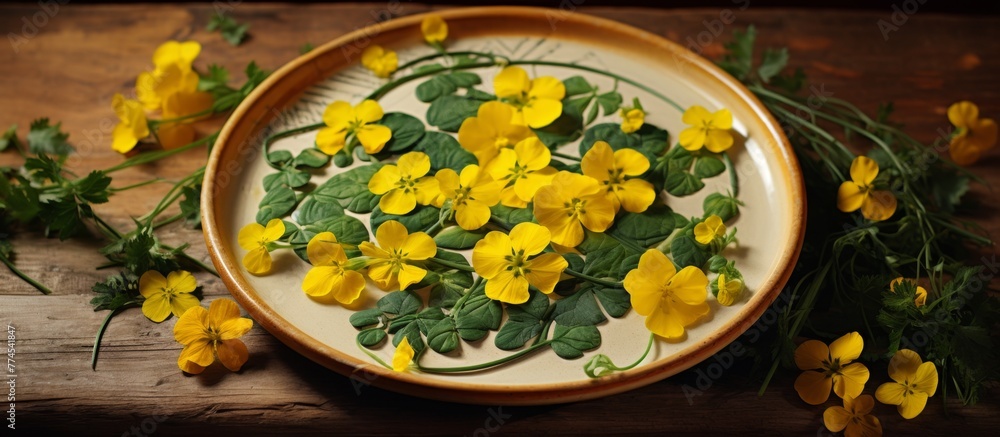 Sticker Yellow flowers and fresh green leaves arranged on a white plate resting on a rustic wooden table