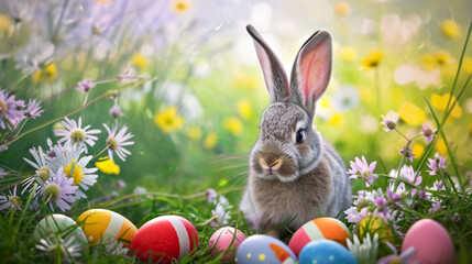 Fototapeta na wymiar Adorable Bunny With Easter Eggs In Flowery Meadow. Generative Ai