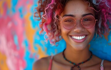 Obraz premium A beautiful smiling, happy playful woman with colorful hair and sunglasses, vibrant colors, colorful background, portrait photography