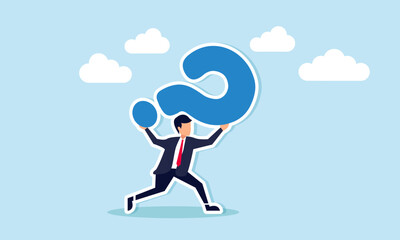 Unanswered tough question, critical business dilemma, stress burden, concept of Frustrated businessman bearing heavy question mark, stressed