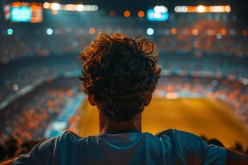 A man with curly hair is sitting in a stadium watching a soccer game. Football fans or spectators...