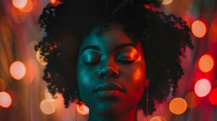 A close-up view of a young African American woman with bright lights shining in the background