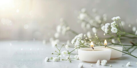 A white candle placed on a table next to a bouquet of white flowers