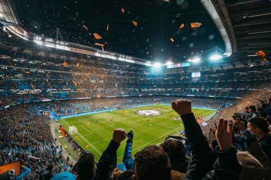 A stadium full of people watching a soccer game. Football fans or spectators at the championship