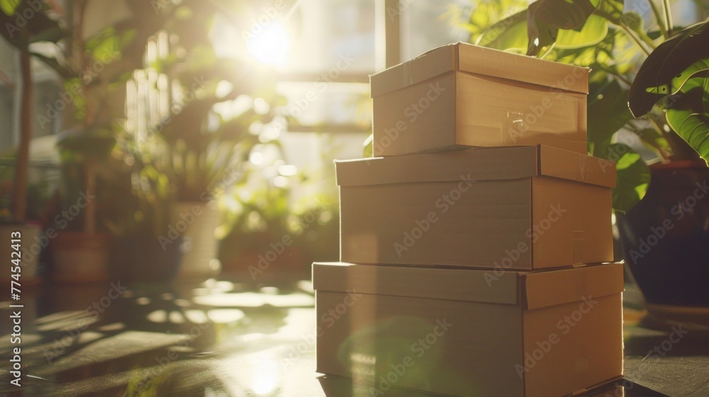 Poster a stack of cardboard moving boxes sitting neatly on top of a table in a sunlit room