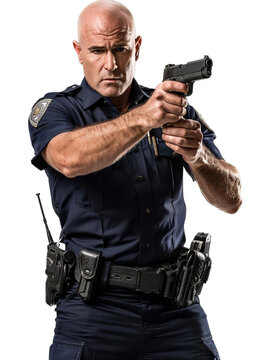 bald police officer with gun