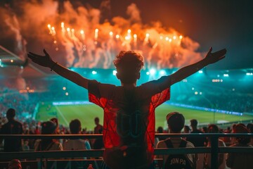 A man in a red jersey is standing in a stadium with a crowd of people. Football fan at the European...