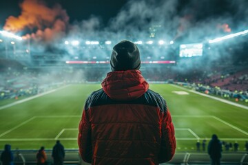 A man in a red jacket stands on a soccer field in front of a crowd. Football fan at the European...