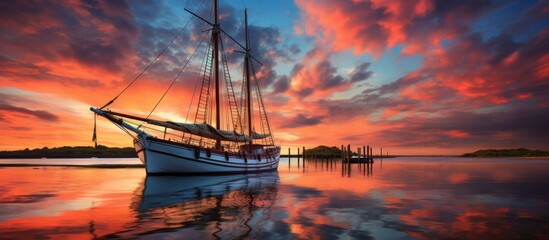 This scene shows a serene sunset with a sizable sailboat peacefully moored in the water, reflecting the colorful sky - obrazy, fototapety, plakaty