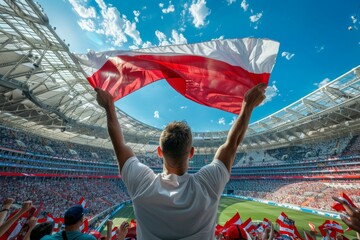 A man is holding a flag in a stadium full of people. Football fan at the European Football Cup