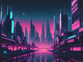Fototapeta premium Futuristic city landscape. Future theme concept background Vaporwave, synthwave 80s cyberpunk style illustration - generated by ai