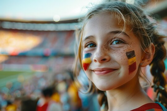 A young girl with red, yellow, and blue face paint is smiling at the camera. Football fan at the European Football Cup