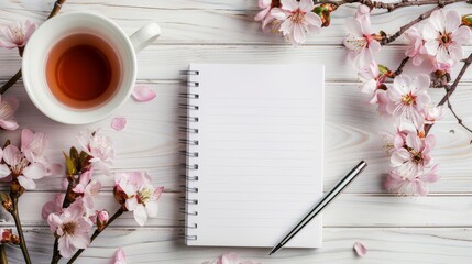 Zen Workspace: Serene White Office Table with Opened Notebook, Pen, and Tea