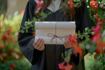 A woman in a graduation gown holding a stack of graduation certificates