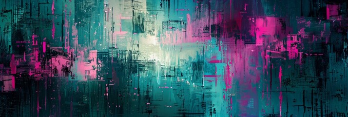 Abstract Glitch Geometry: Teal and Pink Digital Math Art on Black Background
