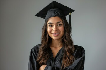 A woman in a black graduation gown is smiling and posing for a picture