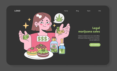 Young woman exploring cannabis delights. Flat vector illustration. - 774543467
